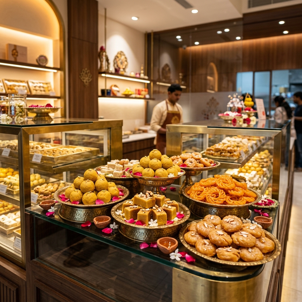 Beautiful display of traditional Indian sweets at M. Mangilal Sweets